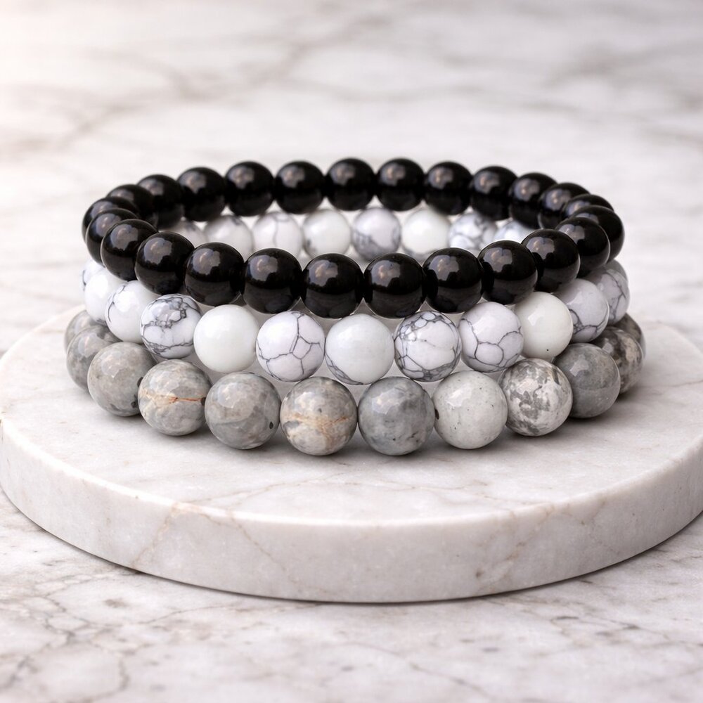 Bundle Deal: Obsidian, Howlite, Jasper Stones 8mm Beads Stretch Bracelet Set (3)